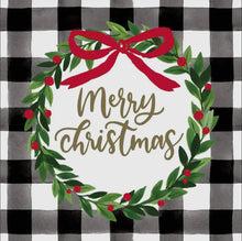 Load image into Gallery viewer, Merry Christmas card with wreath and red bow on a black and white checkered background
