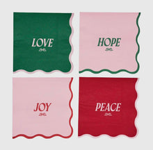 Load image into Gallery viewer, Four napkin styles in a preppy colorway featuring Love, Hope, Joy &amp; Peace written on them
